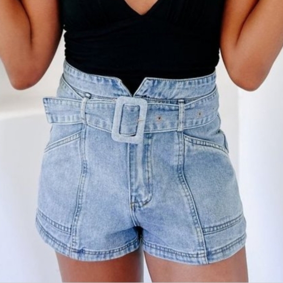 Le Lis Pants - Le Lis 100% Cotton Paper Bag Belt  Light Blue High-Waisted Shorts Size 29